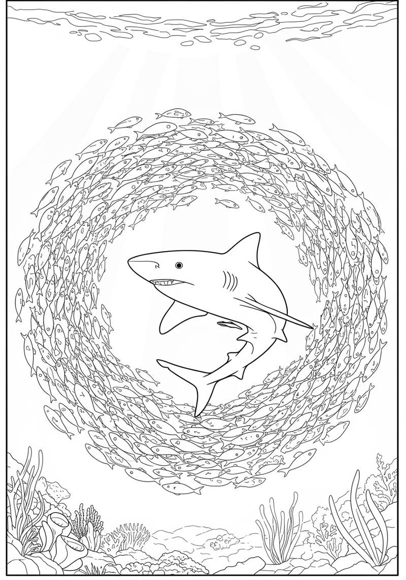 Página para colorear de un gran tiburón rodeado por un grupo de peces menores en el océano.