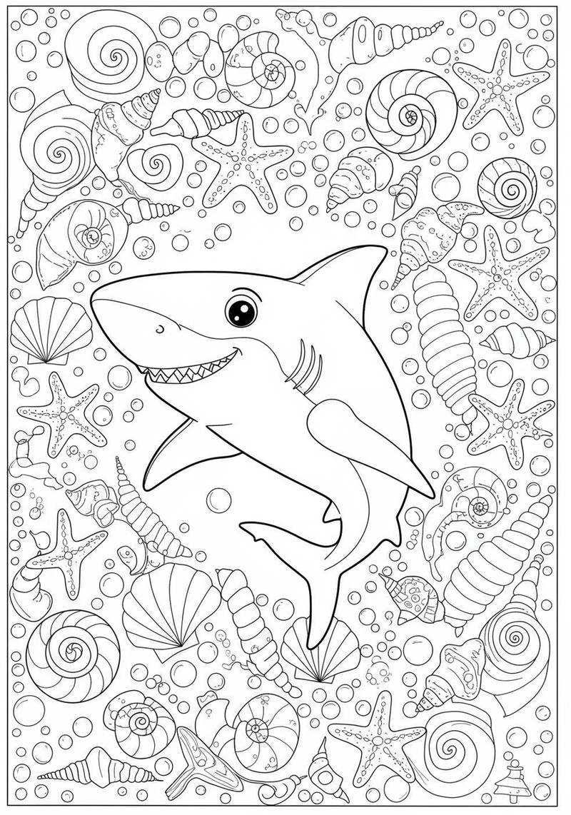 Página para colorear que muestra un tiburón sonriente rodeado de varias conchas marinas y estrellas de mar.