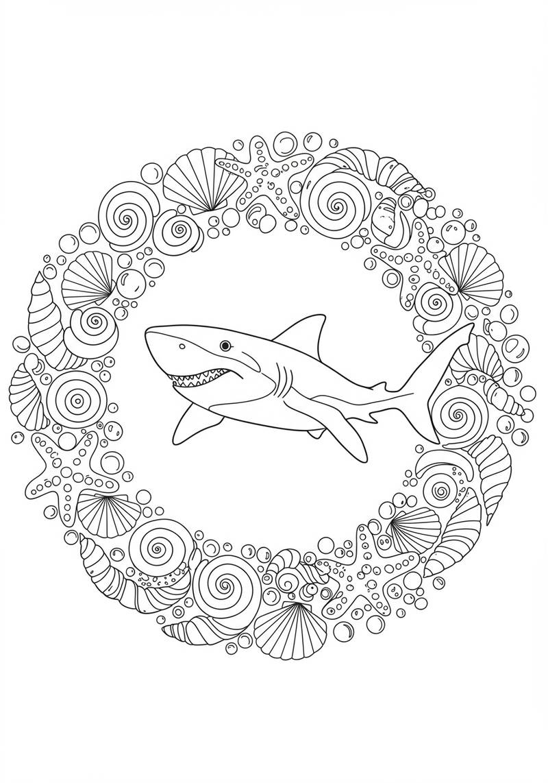 Página para colorear de un tiburón amigable rodeado de conchas marinas y estrellas de mar.