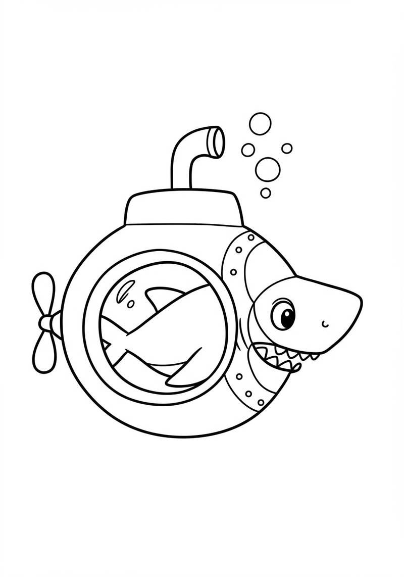Página para colorear de un tiburón amigable dentro de un submarino con burbujas arriba