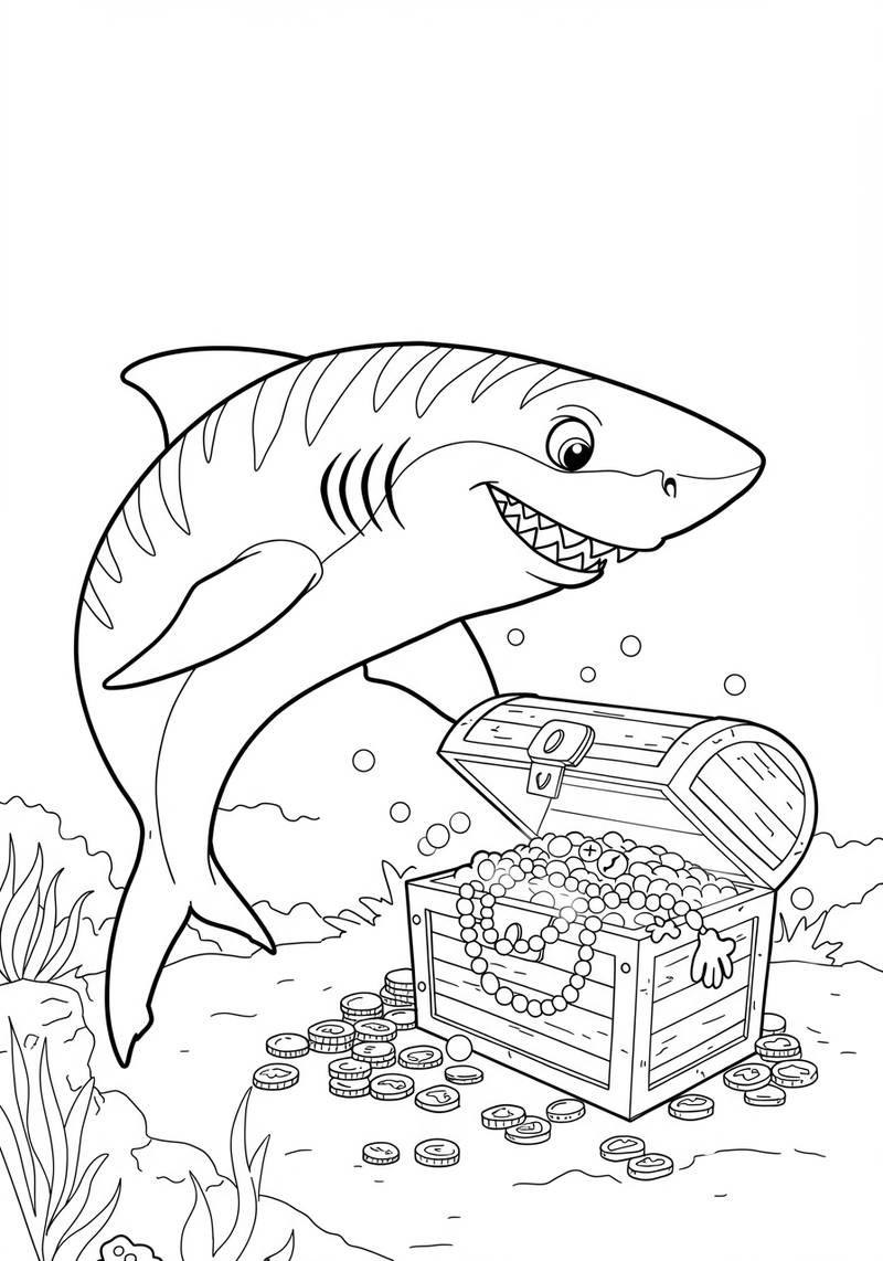 Página para colorear de un tiburón amistoso con un cofre del tesoro abierto lleno de perlas y monedas.