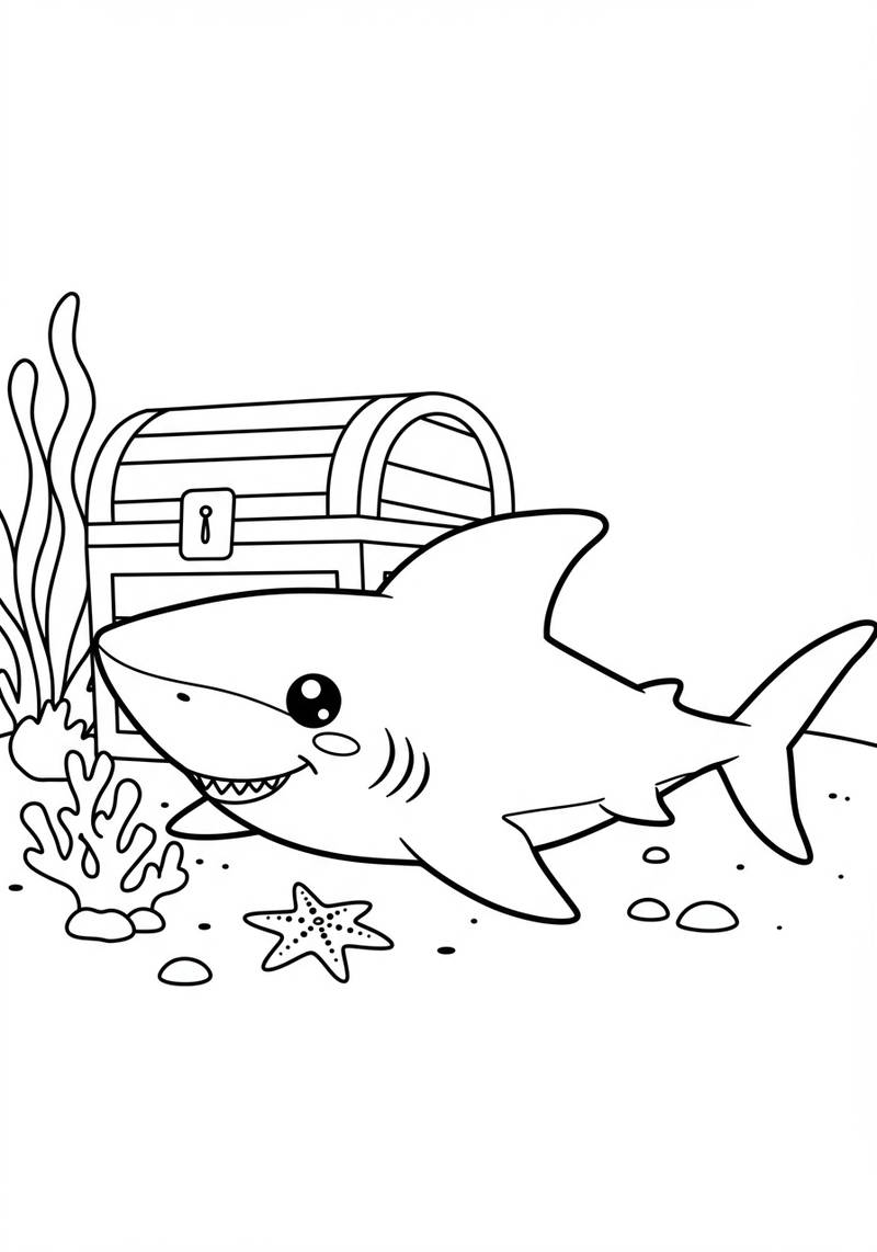 Página para colorear de un tiburón feliz nadando cerca de un cofre del tesoro y algas marinas.