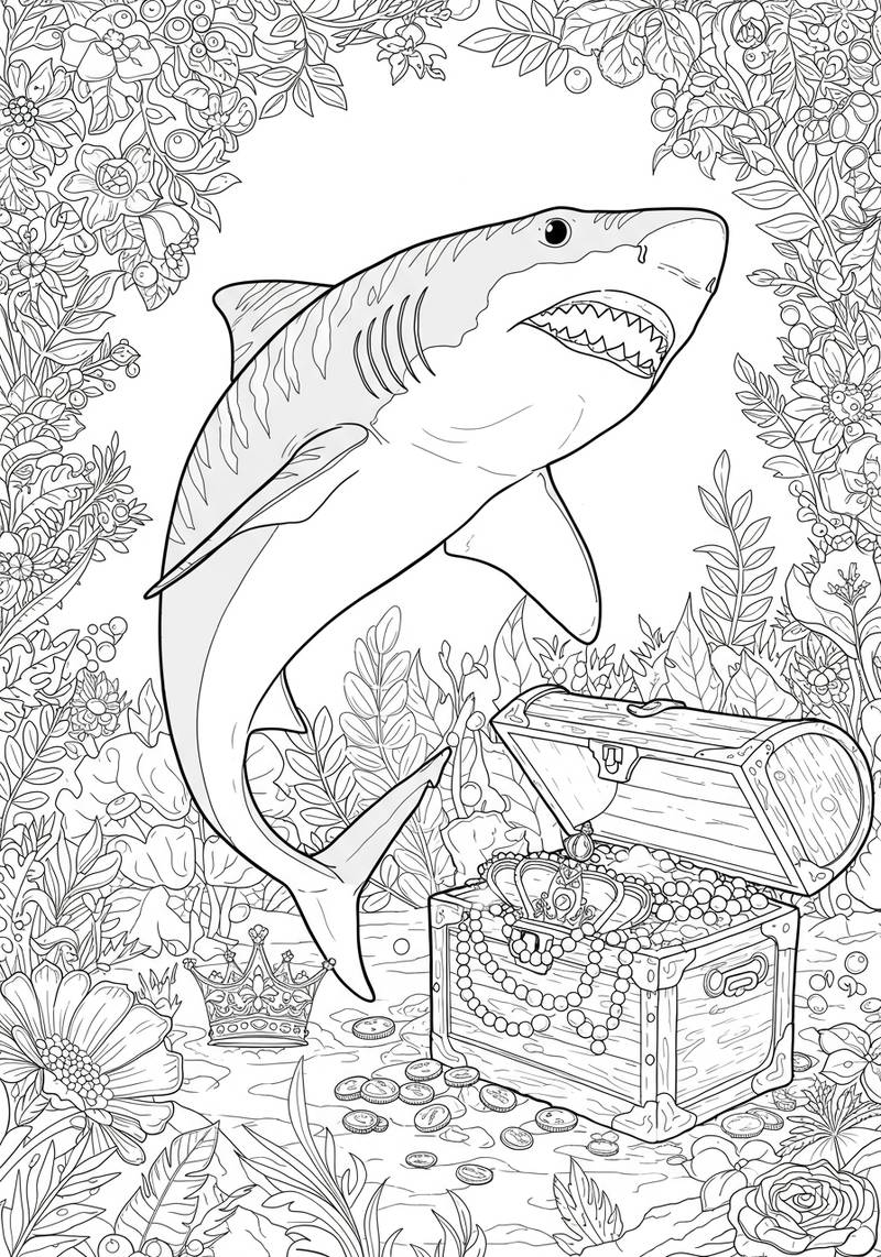 Página para colorear de un tiburón con un cofre del tesoro abierto lleno de joyas y monedas, rodeado de plantas y flores.