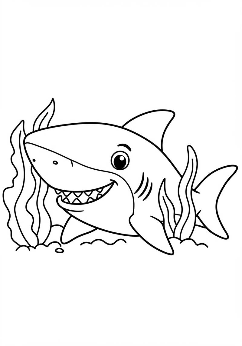 Página para colorear de un tiburón de aspecto amigable nadando entre algas marinas.