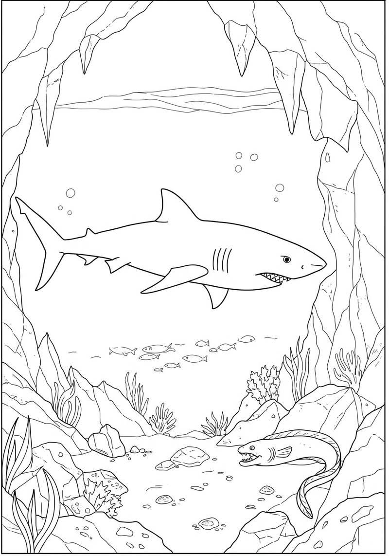 Página para colorear de un tiburón nadando dentro de una cueva submarina rodeada de rocas y plantas acuáticas.