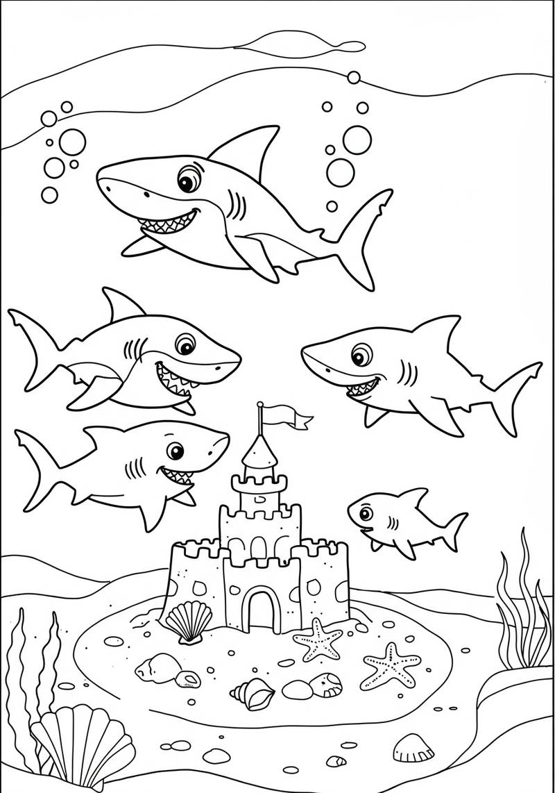 Página para colorear de cinco tiburones nadando alrededor de un castillo submarino con conchas y estrellas de mar en el fondo del océano.