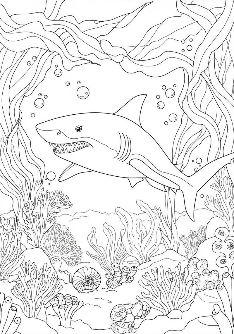 Página para colorear de un tiburón nadando debajo del agua entre plantas marinas y corales.