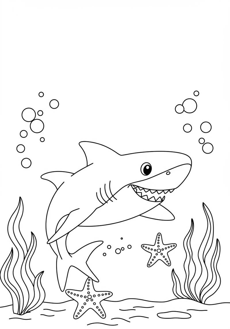 Página para colorear de un tiburón amigable nadando bajo el agua entre algas y estrellas de mar.