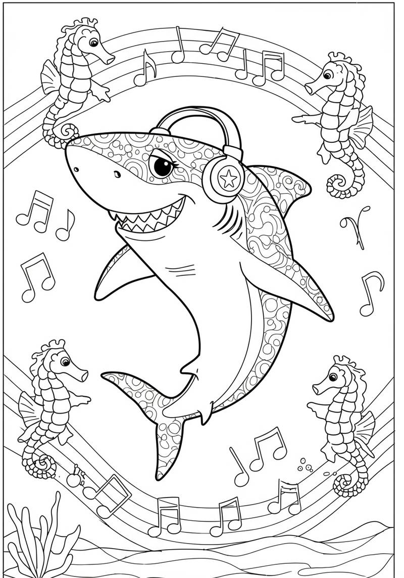 Página para colorear de un tiburón alegre con auriculares, rodeado de caballitos de mar cantando y notas musicales.