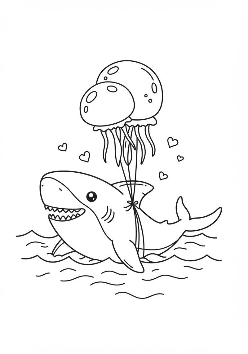 Página para colorear de un tiburón adorable con globos de medusas atados a su espalda.
