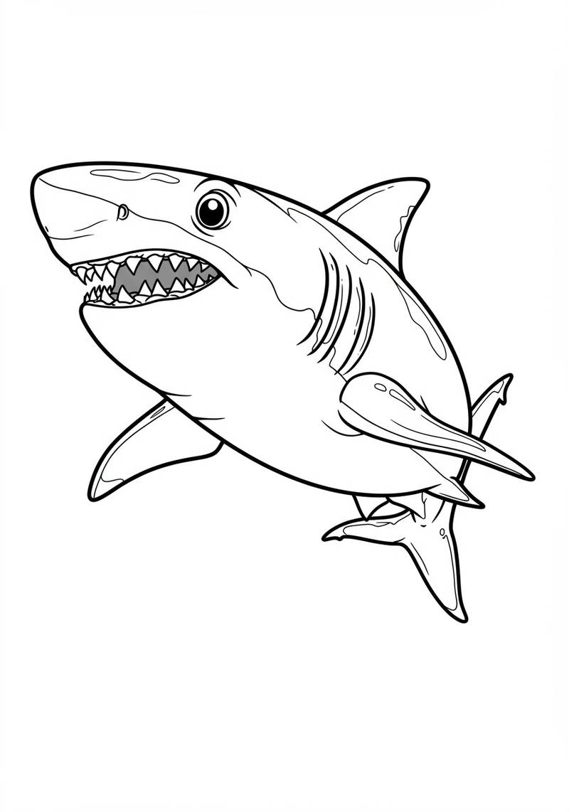 Página para colorear en blanco y negro de un tiburón de aspecto feroz con dientes afilados.