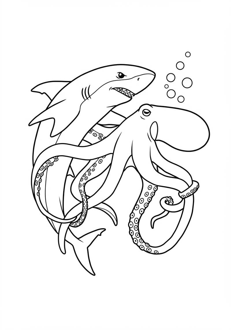 Página para colorear de dos tiburones y un pulpo nadando bajo el agua.
