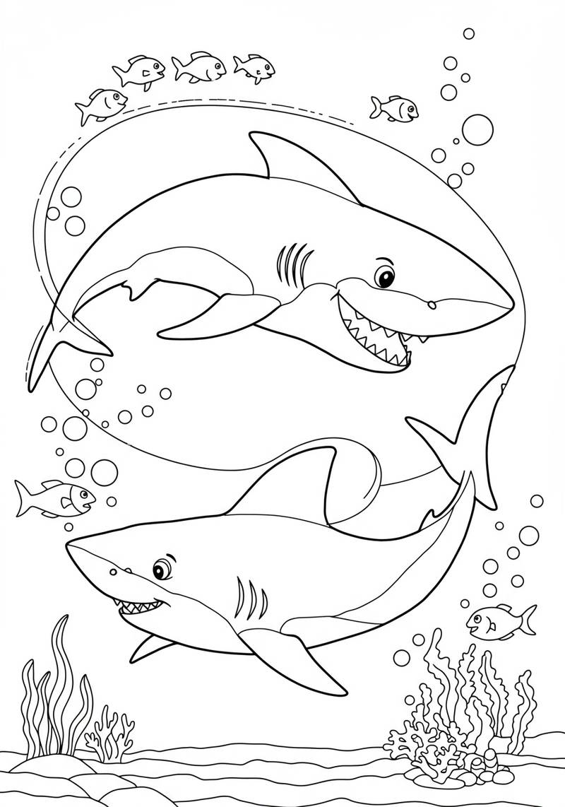 Página para colorear de dos tiburones sonriendo nadando bajo el agua entre peces pequeños y coral.