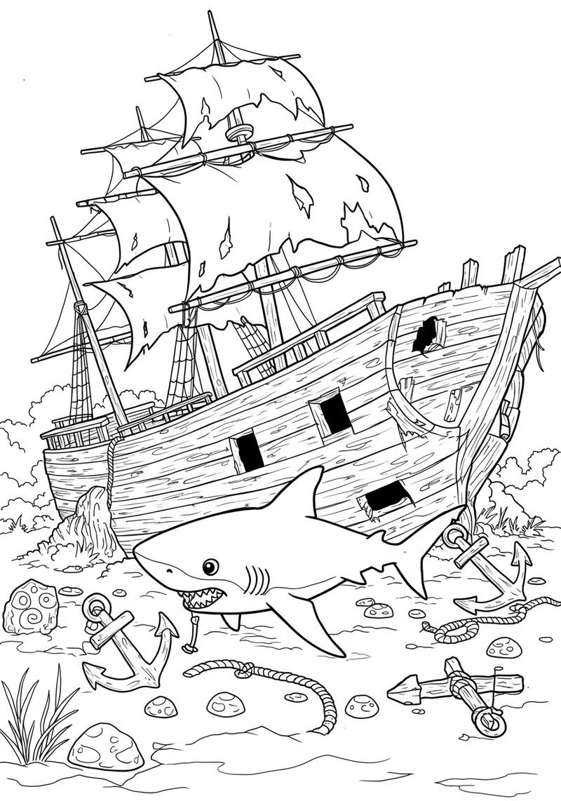 Página para colorear de un antiguo naufragio en el fondo del océano con un tiburón de aspecto amigable nadando cerca.