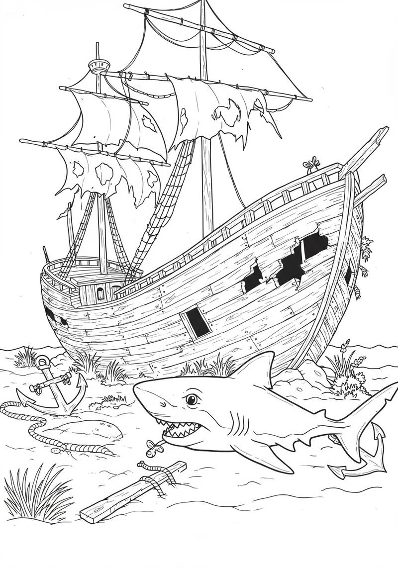 Página para colorear de un barco naufragado con un tiburón nadando cerca.