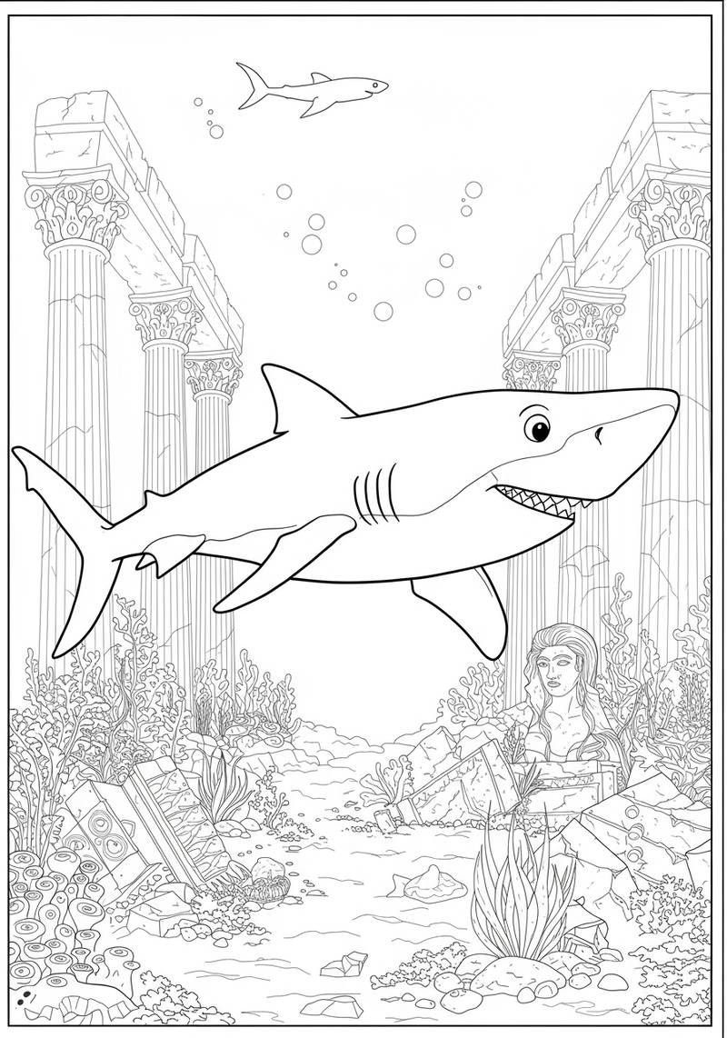 Página para colorear de un tiburón nadando en una escena submarina con ruinas antiguas, coral y una sirena.