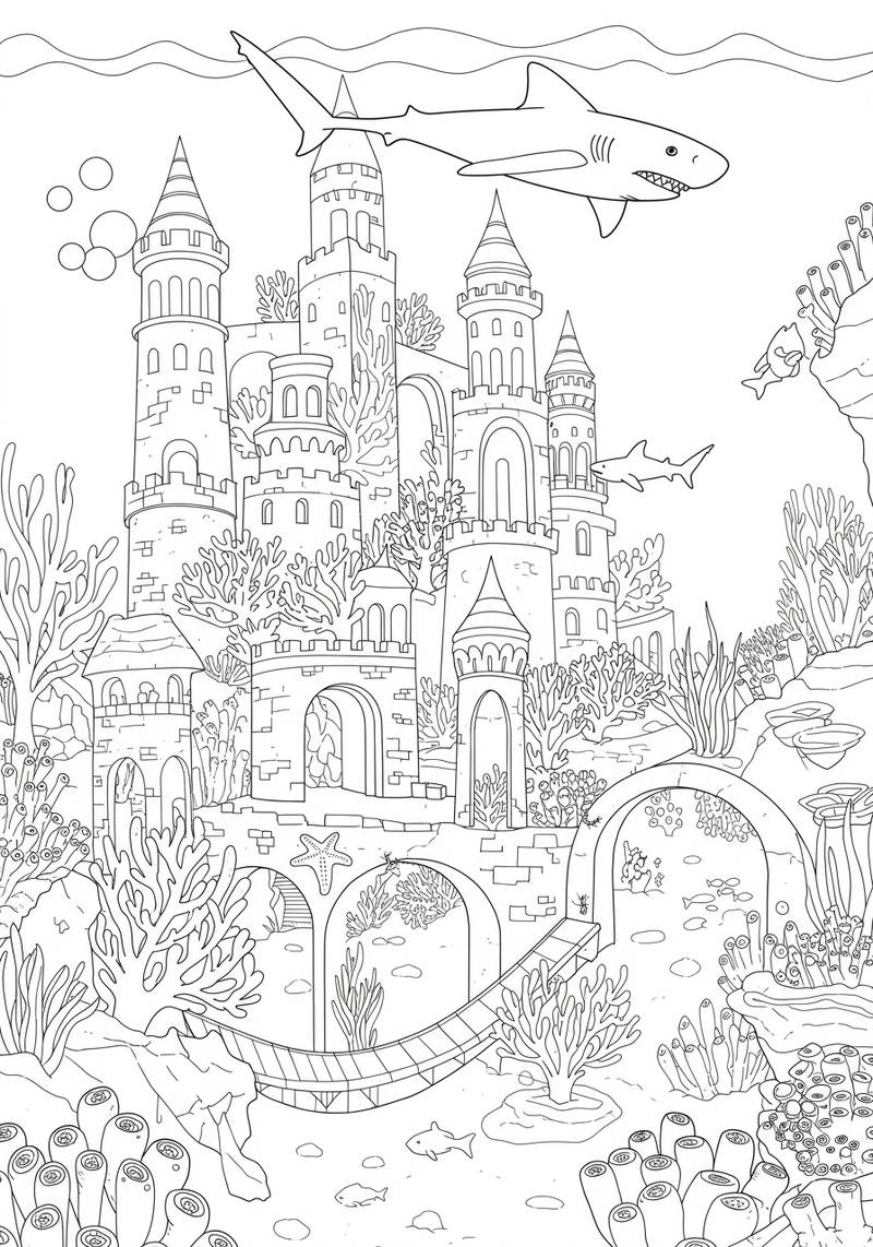 Página para colorear de una escena submarina que presenta un castillo rodeado de coral, peces y vida marina.