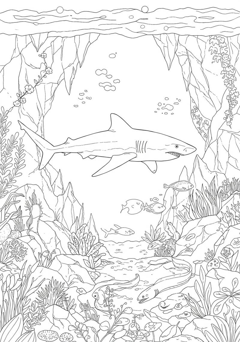 Página para colorear de una cueva submarina detallada con varios peces, un tiburón y plantas acuáticas.
