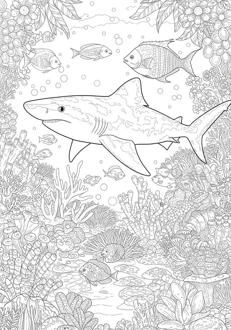 Página para colorear de varios peces nadando en una escena submarina con coral y vida vegetal.
