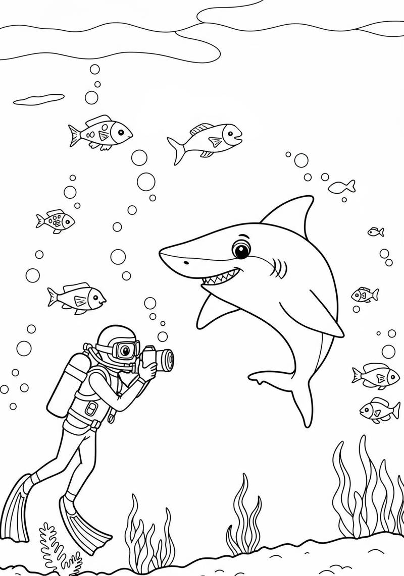 Página para colorear de un buceador nadando bajo el agua con un tiburón de aspecto amigable y varios peces.