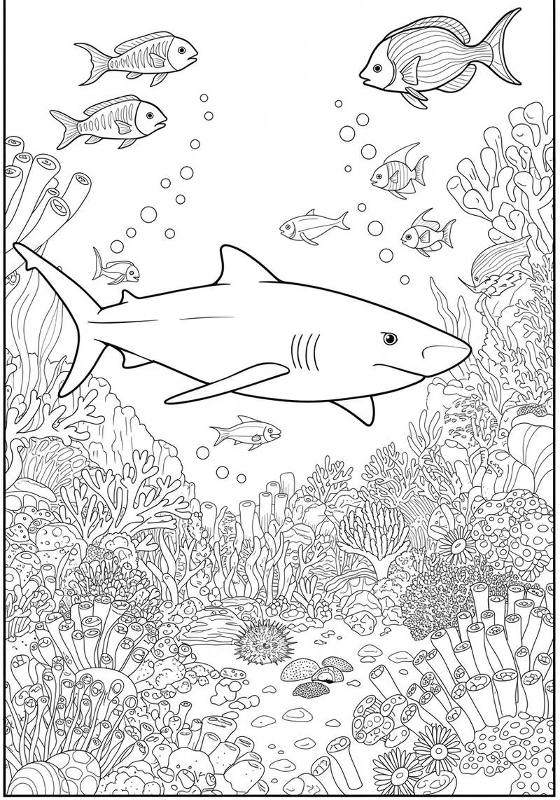 Página para colorear de una vibrante escena submarina con varios peces, coral y plantas marinas.