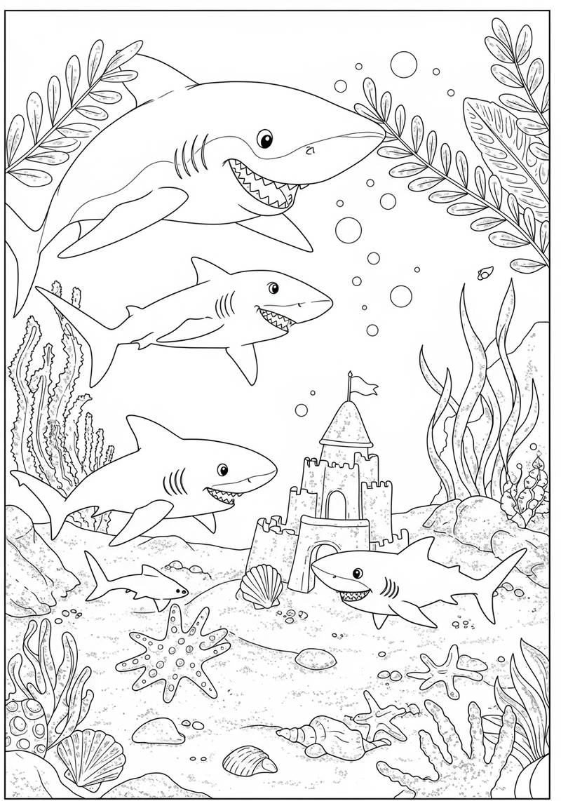 Página para colorear de tres tiburones amigables nadando cerca de un castillo submarino con plantas marinas y conchas.