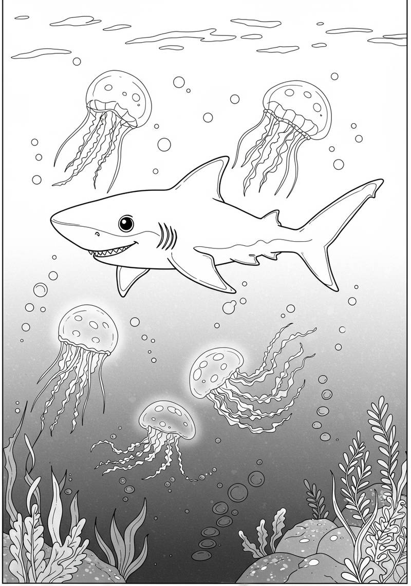 Página para colorear de un tiburón nadando bajo el agua con medusas y plantas marinas alrededor.