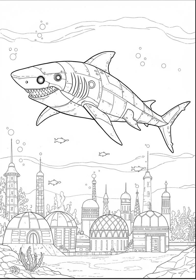 Página para colorear de una escena submarina que presenta un tiburón grande y sonriente y un paisaje urbano con edificios con cúpulas y torres.