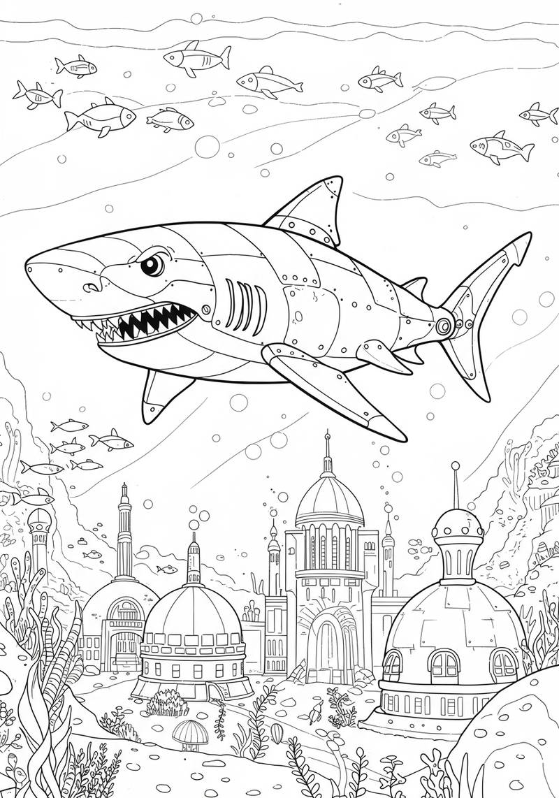 Página para colorear de un gran tiburón nadando sobre una ciudad submarina con edificios y peces pequeños.