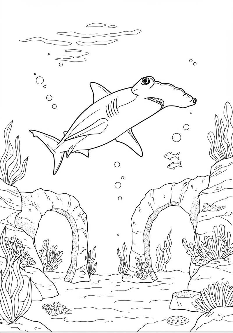 Página para colorear de un tiburón nadando bajo el agua con plantas y peces pequeños.