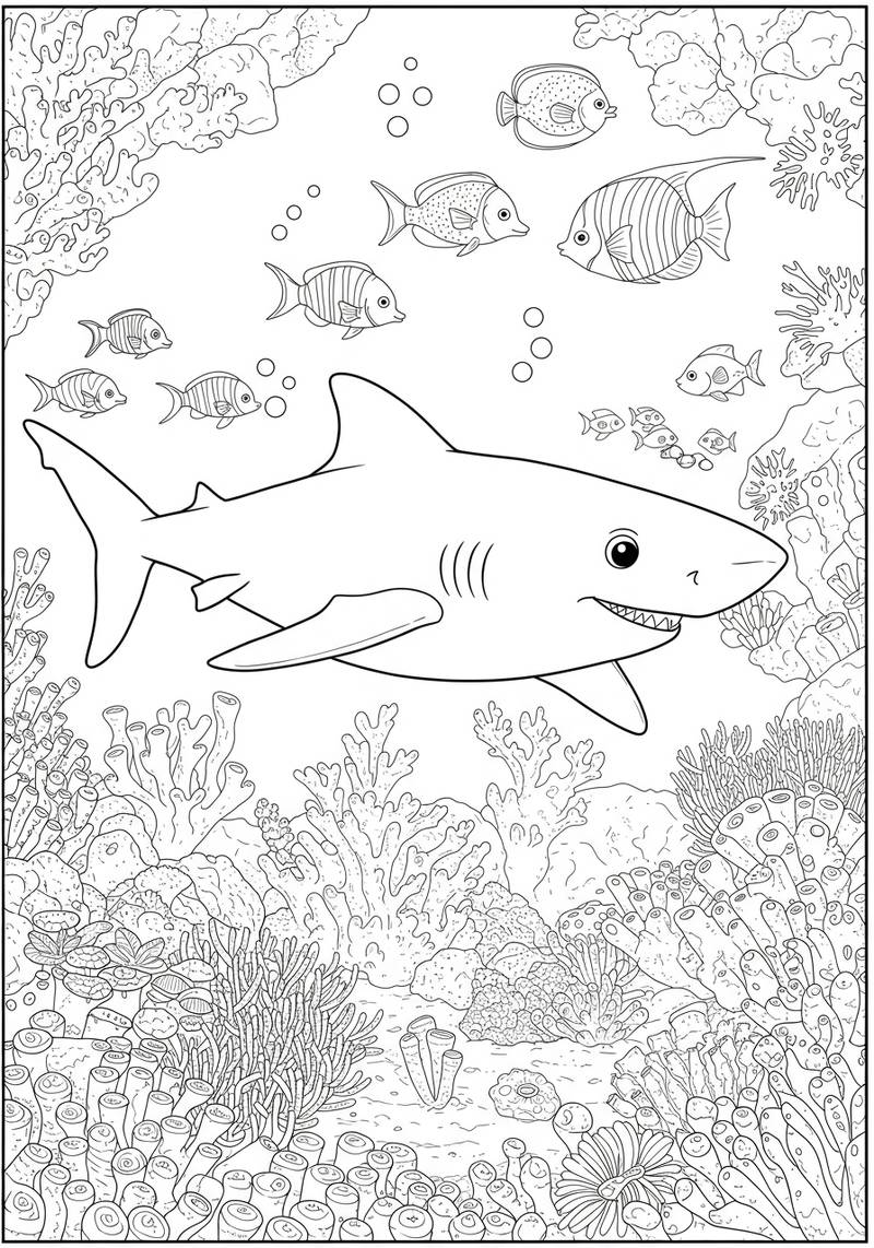 Página para colorear de un gran tiburón nadando en un océano con varios peces, corales y plantas marinas.