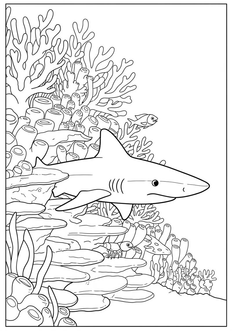 Página para colorear de un tiburón nadando bajo el agua entre corales y otras criaturas marinas.