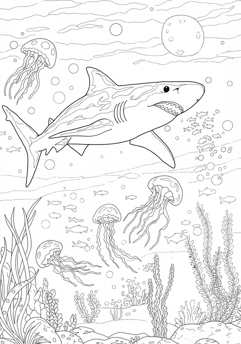 Página para colorear de una gran tiburón nadando bajo el agua junto con medusas y peces pequeños.