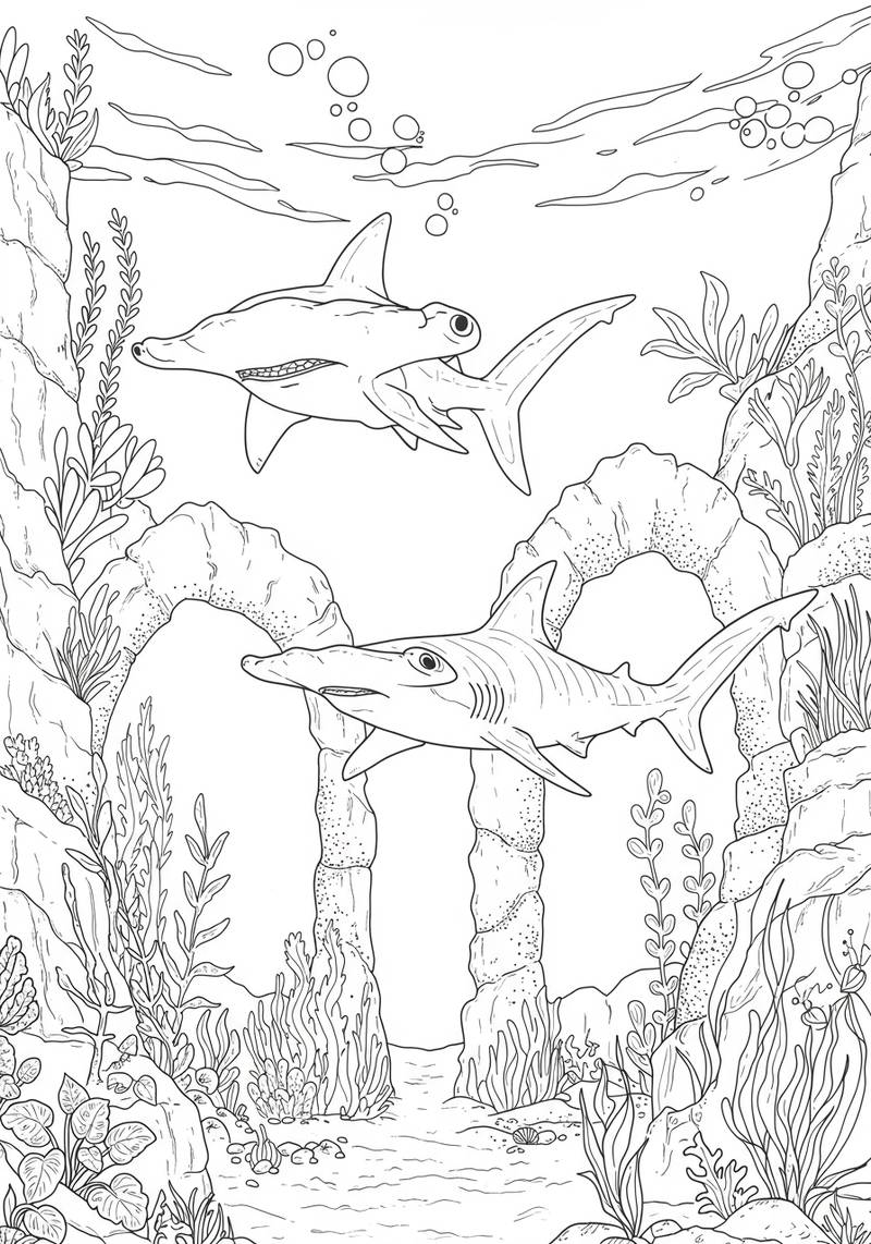 Página para colorear de dos tiburones nadando entre rocas y plantas submarinas.