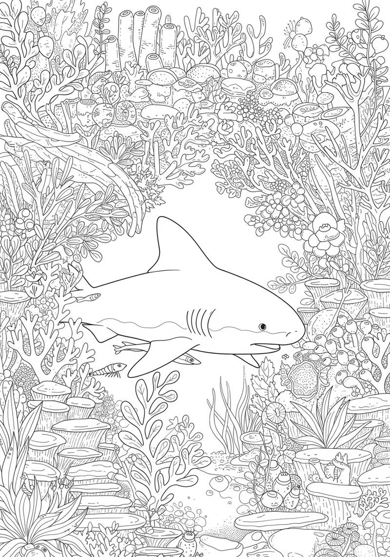 Página para colorear de un tiburón nadando bajo el agua rodeado de algas marinas, coral y peces.