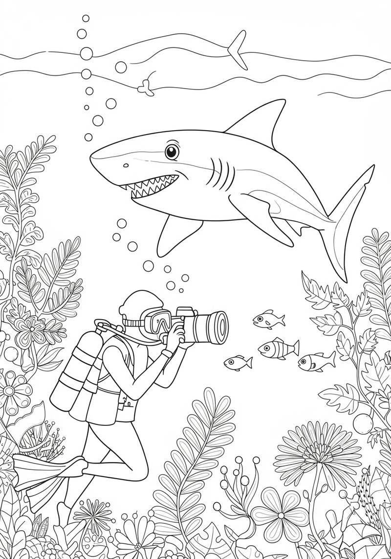 Página para colorear de un buzo explorando bajo el agua con un gran tiburón y varios peces entre plantas marinas.