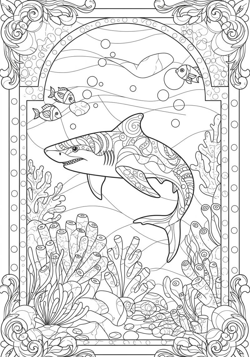 Página para colorear de un tiburón grande nadando en el océano con plantas marinas y peces alrededor.