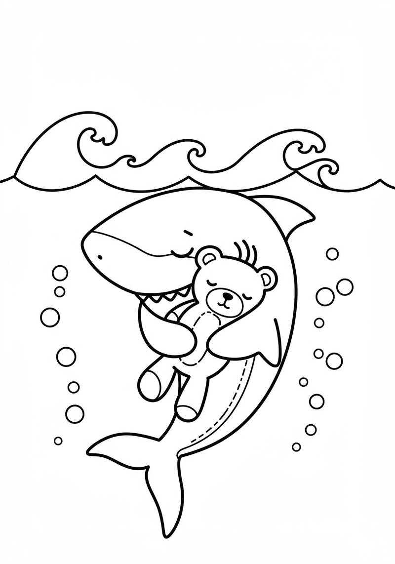 Página para colorear de una ballena sosteniendo un oso sonriente en sus aletas bajo el agua.