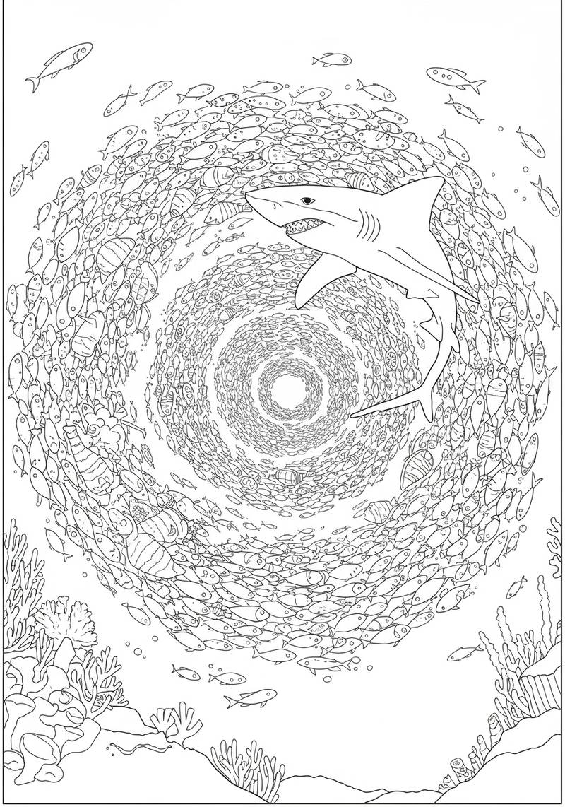 Página para colorear de un tiburón ballena grande nadando cerca de un arrecife de coral con muchos peces pequeños alrededor.