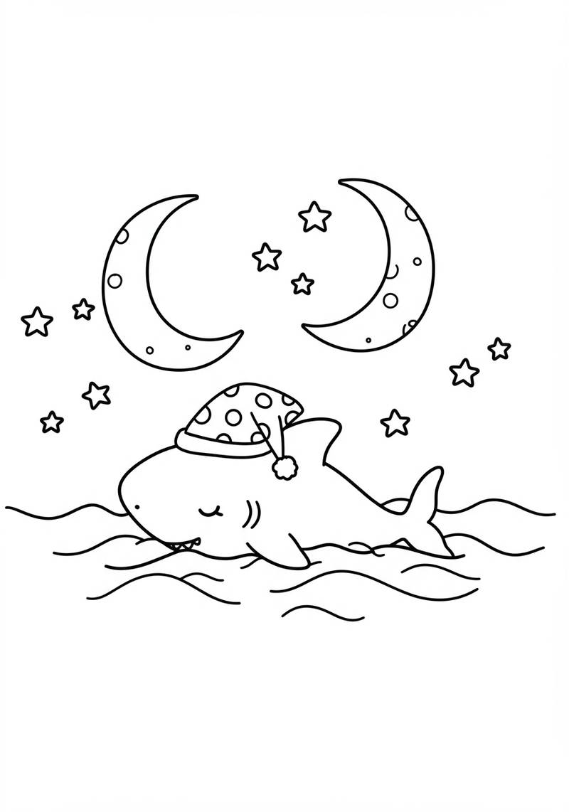 Página para colorear de un tiburón adorable vistiendo pijama y gorro de dormir, durmiendo en el agua con una luna y estrellas en el fondo.