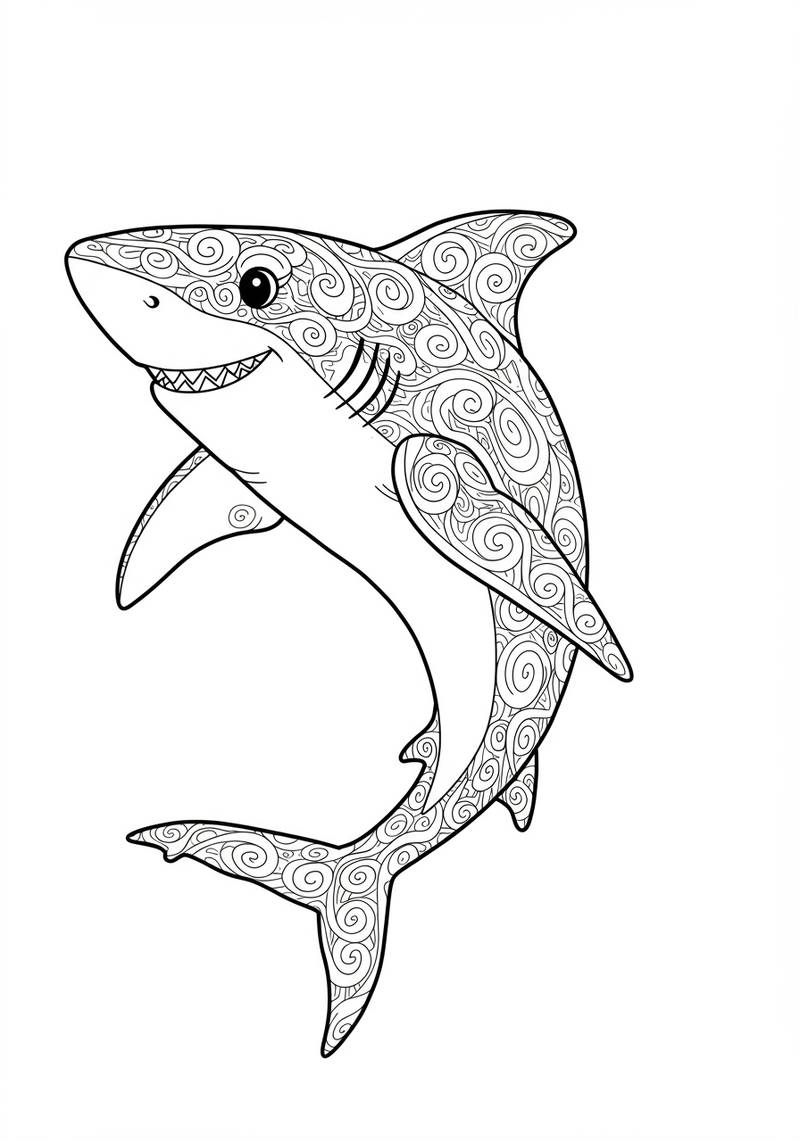 Página para colorear de un tiburón alegre con patrones intrincados en espiral.