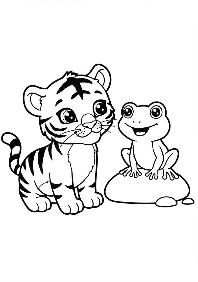 Página para colorear de un adorable bebé tigre y una rana sentados juntos.