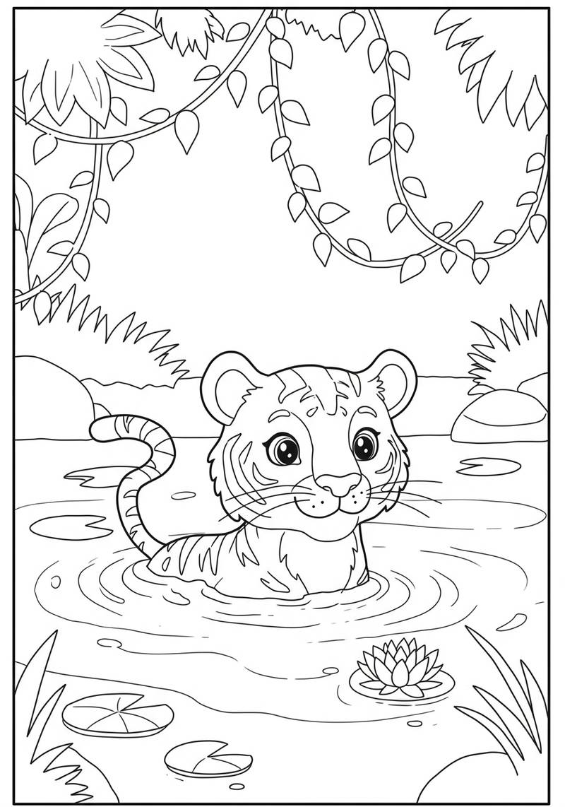 Página para colorear de un lindo bebé tigre sentado en un lago rodeado de plantas y enredaderas colgantes.