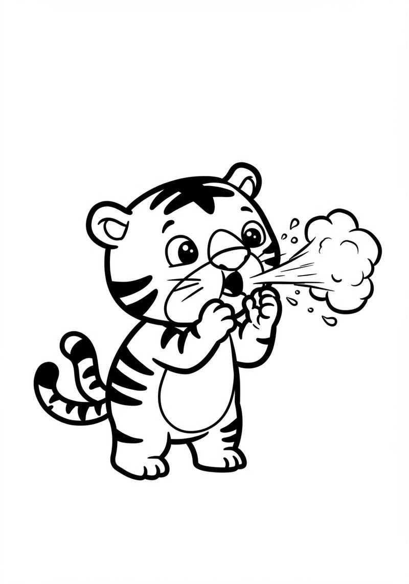 Página para colorear de un bebé tigre lindo estornudando o chorreando aire por la boca.
