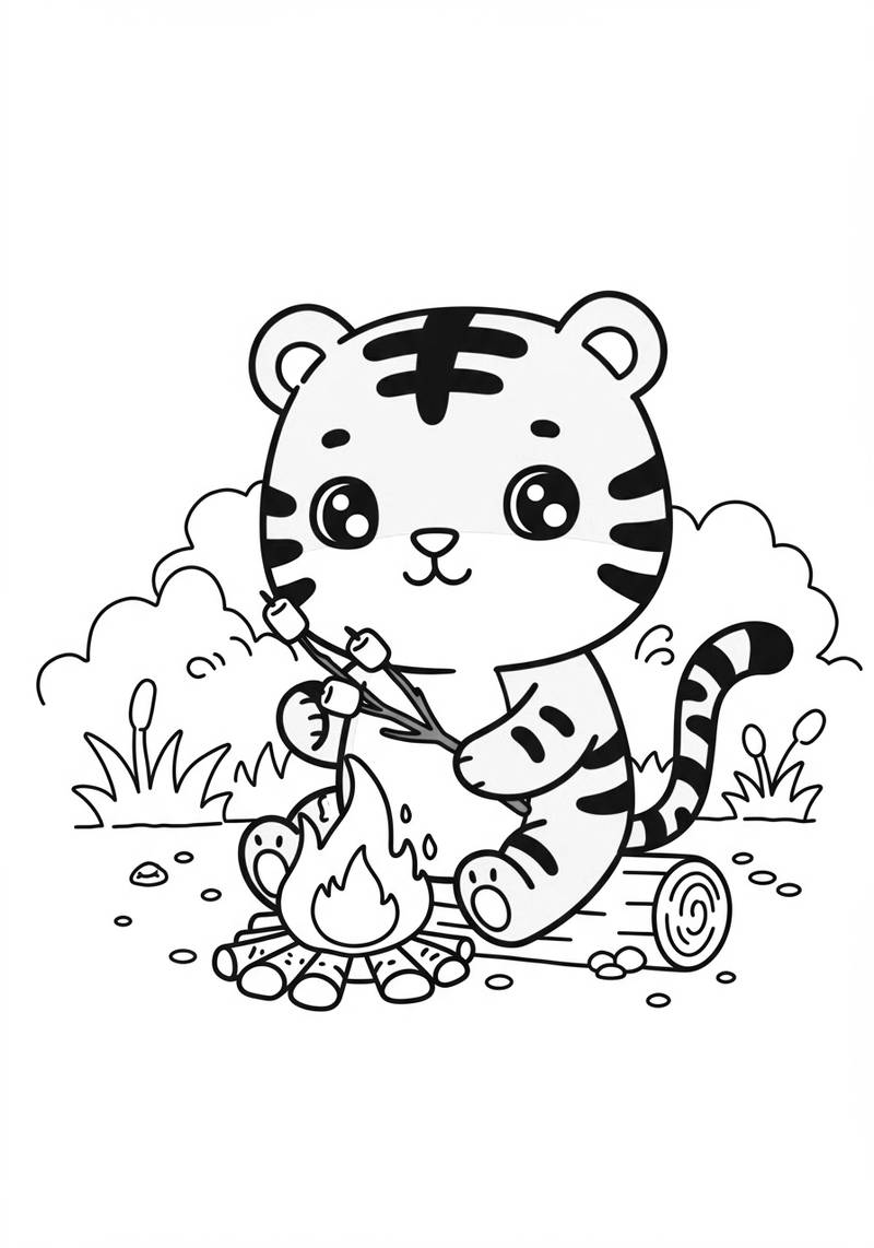 Página para colorear de un tierno tigre sentado junto a una fogata con un fondo de arbustos y césped.