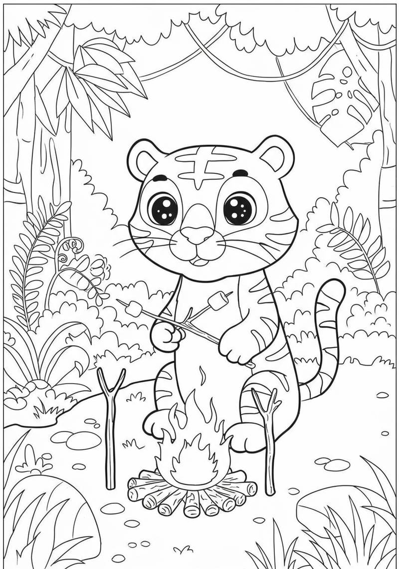 Página para colorear de un tigre bonito sosteniendo un palo con malvaviscos cerca de una fogata en un entorno de jungla.