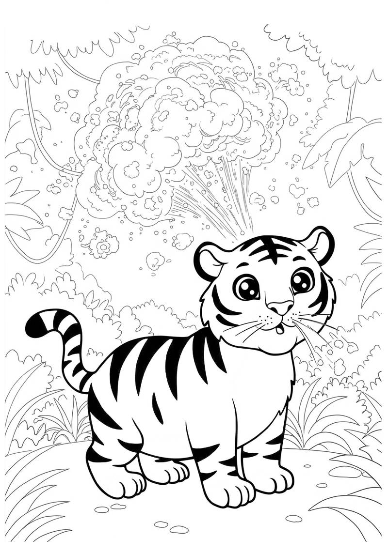 Página para colorear de un tierno tigre sentado en una jungla con árboles y plantas.