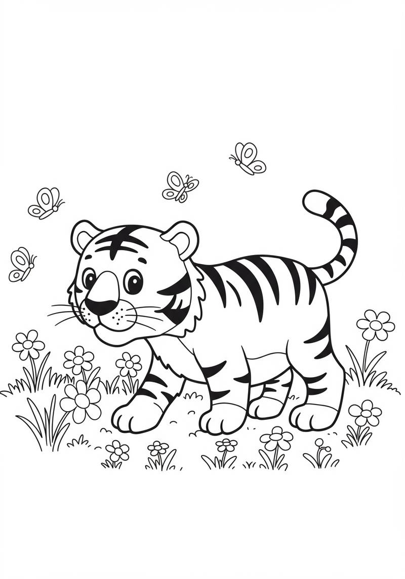 Página para colorear de un tierno tigre de pie en la hierba entre flores con mariposas volando alrededor.