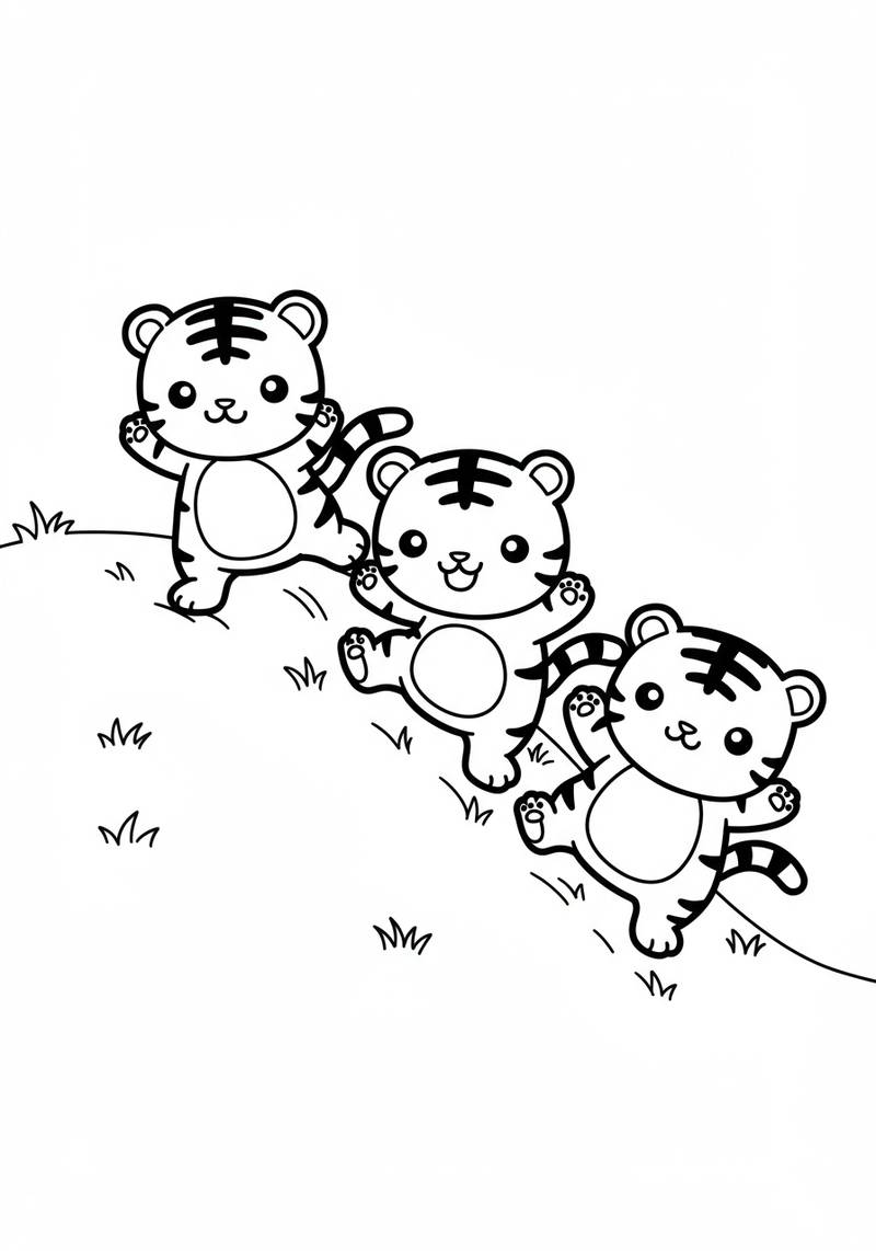 Página para colorear de tres adorables cachorros de tigre jugando en una colina.