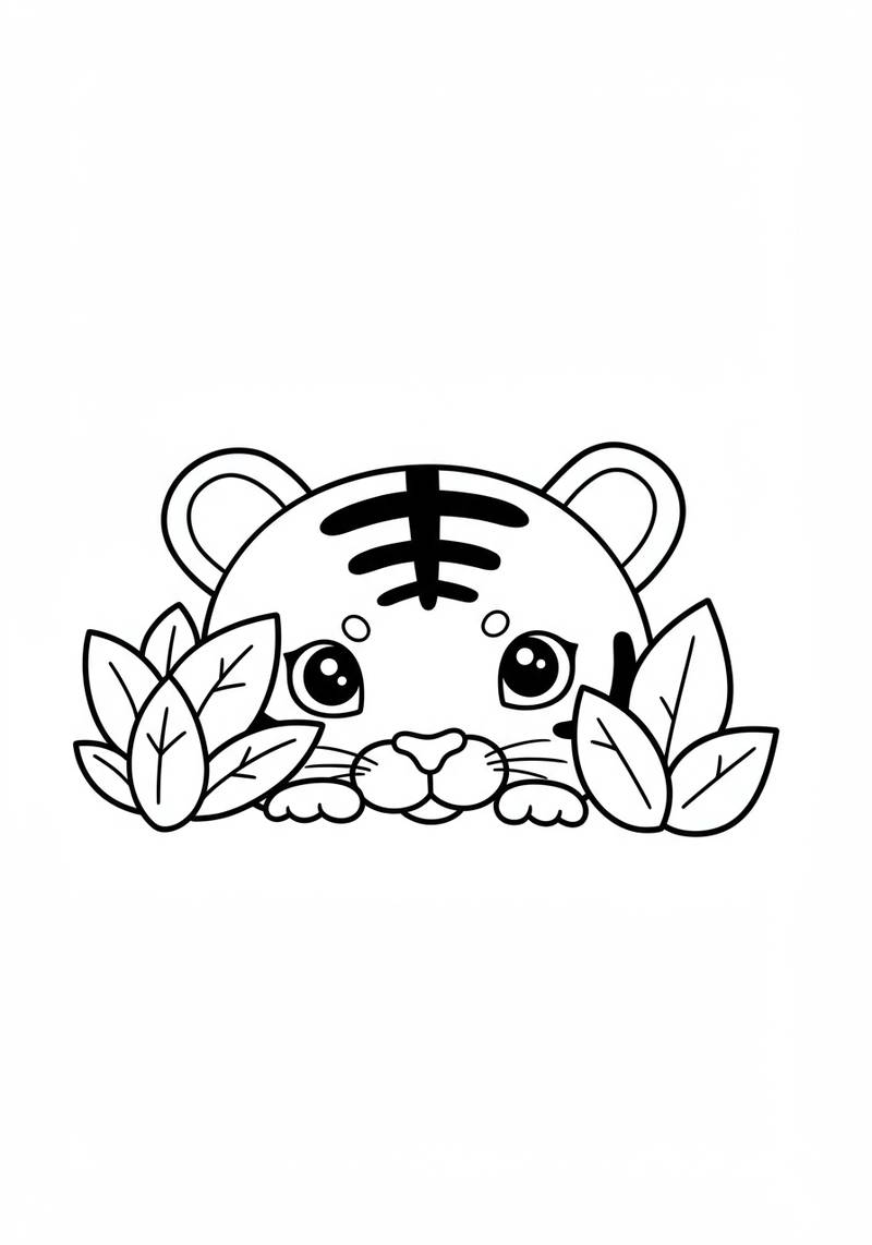 Página para colorear de un lindo cachorro de tigre asomándose entre las hojas.